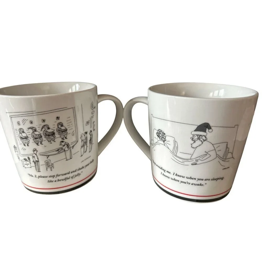 Set of 2 New Yorker Cartoon Santa Mugs 2001 Michael Maslin 1991 Danny Shanahan